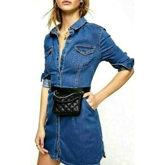 Free People Dynomite Denim Mini Shirt Dress Retro 70's Western Medium H14890 - Picture 3 of 15